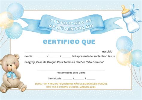 Certificado de Apresentação de Criança Elo7 Produtos Especiais