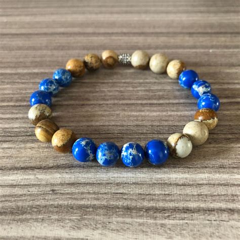 Pulseira Jaspe Imperial Azul E Jaspe Madeira Pedras Naturais