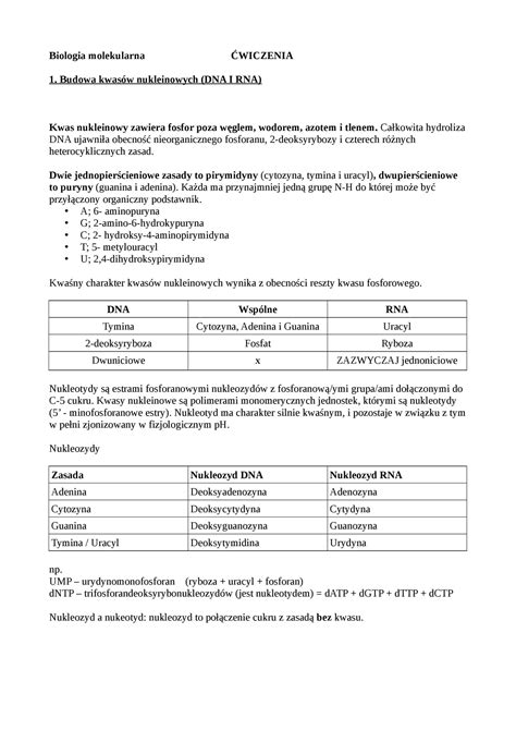 Wiczenia Kolokwium Streszczenie Biologia Molekularna Biologia