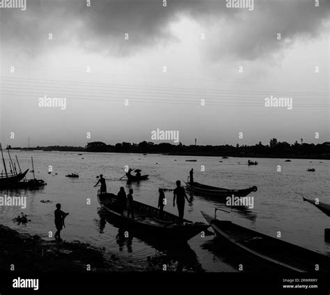 Black And White Rainy Day Boat Station Photography From Ruhitpur Bangladesh On September 05