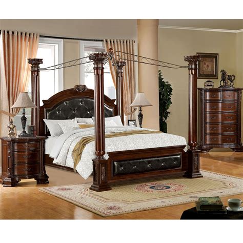 Furniture Of America Cane Cherry Solid Wood Traditional Canopy Bed