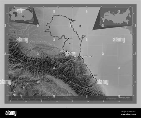 Dagestan, republic of Russia. Grayscale elevation map with lakes and ...