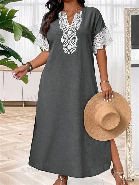 Shein Lune Robe Grande Taille En Coton Et Lin Avec Dentelle Et Manches