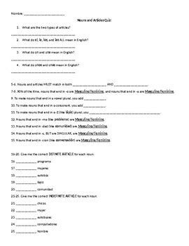 Spanish Nouns and Articles (definite and indefinite) Quiz by Sra BiCi