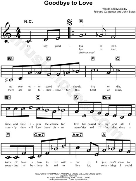 The Carpenters Goodbye To Love Sheet Music For Beginners In C Major