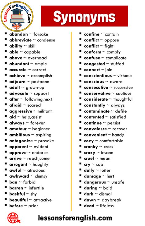 synonyms words list  english lessons  english