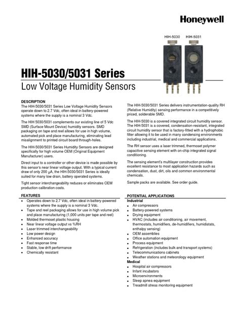 Hih S Datasheet Low Voltage Humidity Sensors