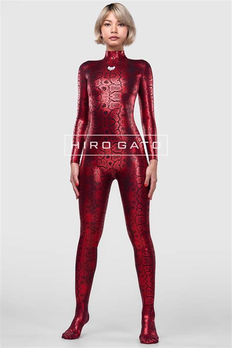 Hiro Gato Snakeskin Catsuit Black Red Shiny Metallic Lycra Spandex