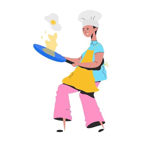 Una caricatura de un chef cocinando una sartén con un huevo Vector