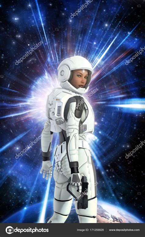 Astronauta Futurista Chica En Traje Espacial Y Planeta Fotograf A De