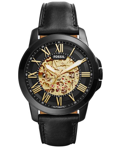 Fossil Mens Automatic Grant Black Leather Strap Watch 45mm Me3094 In