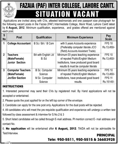 Jobs In Fazaia Paf Inter College Lahore Cantt