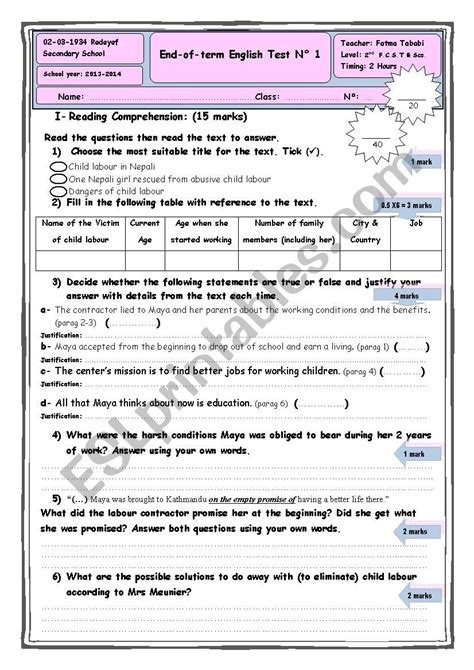 End Of Term Test N Nd Form Esl Worksheet By Fatma Tababi