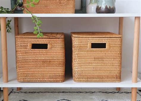 Rectangular Storage Basket With Lid Rattan Storage Basket For Shelves Artworkcanvas