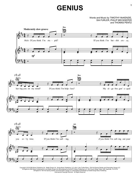 Genius Piano Vocal And Guitar Right Hand Melody Print Sheet Music