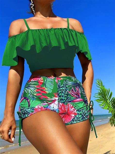 Shein Swim Classy Tropical Print Ruffle Trim Drawstring Side Bikini