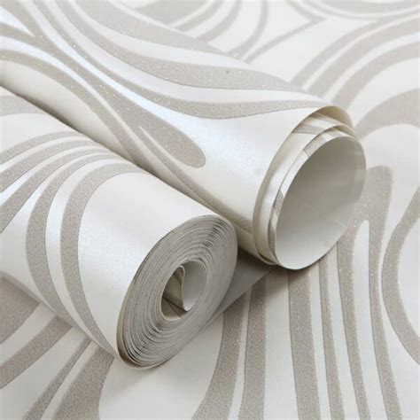 Hanmero Minimalist Abstract Curves Glitter 3d Wallpaper Cream White And Taupe Homesbrand