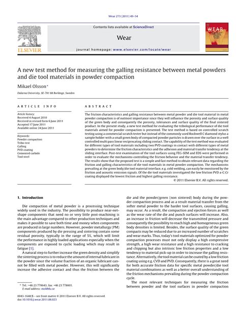 A New Test Method for Measuring the Galling Resistance Between Metal Powders and Die Tool ...