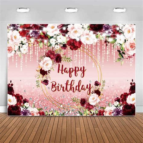 Sensfun Burgundy Floral Birthday Backdrop Pink Rose Gold