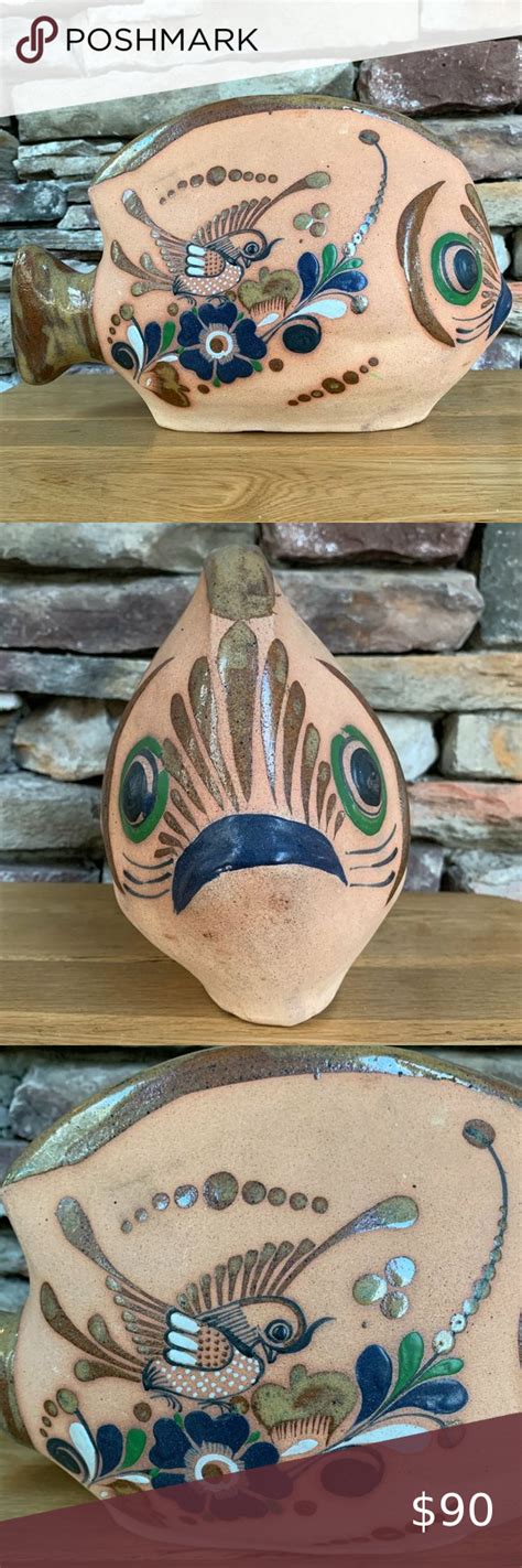 Tonala Large Fish Mexican Folk Art Figurine Bird Hand Painted Mexico