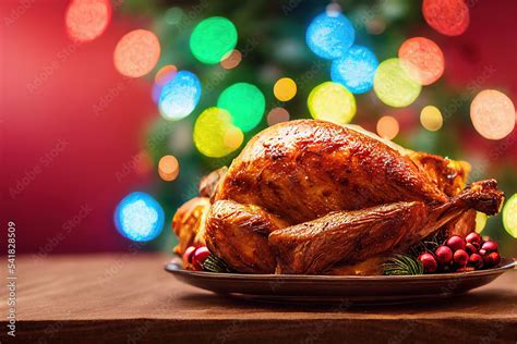 Juicy And Tasty Roast Turkey On Plate With Christmas Decoration Stock