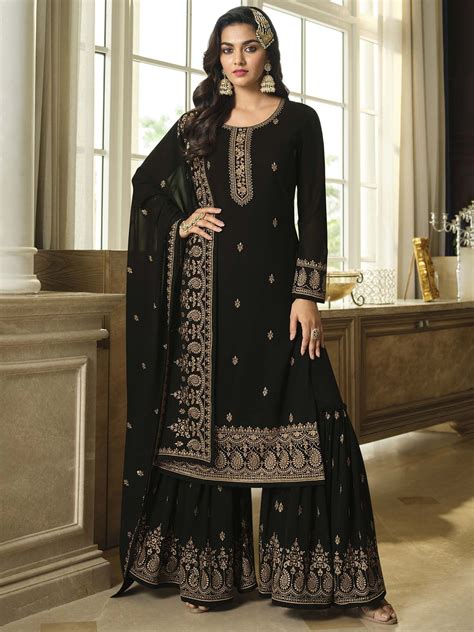 Black Embroidered Pakistani Sharara Style Suit