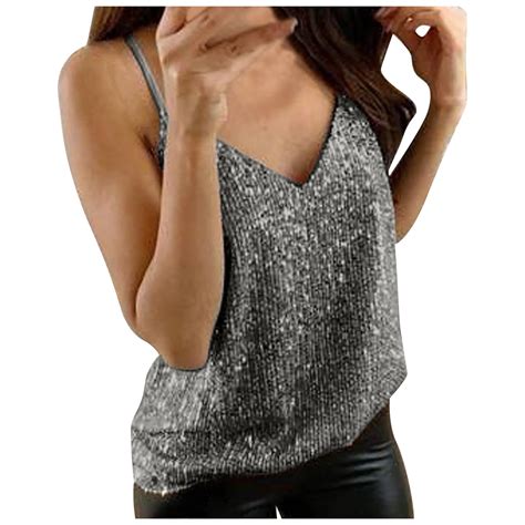 Qcmgmg Sequin Tops For Women Sexy V Neck Sleeveless Shirt Plus Size Shimmer Cami Vest Glitter