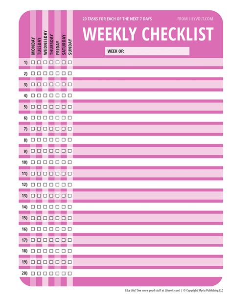 Free Printable 7 Day 20 Task Checklists To Help You Plan Your Weeks