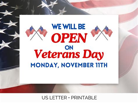 Open for Veterans Day Printable Sign, Veterans Day Open Sign, Store Open Sign, Office Open Sign