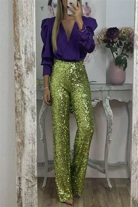 Glitzy Glamour Sequin High Rise Elastic Waist Wide Leg Pants Sequin