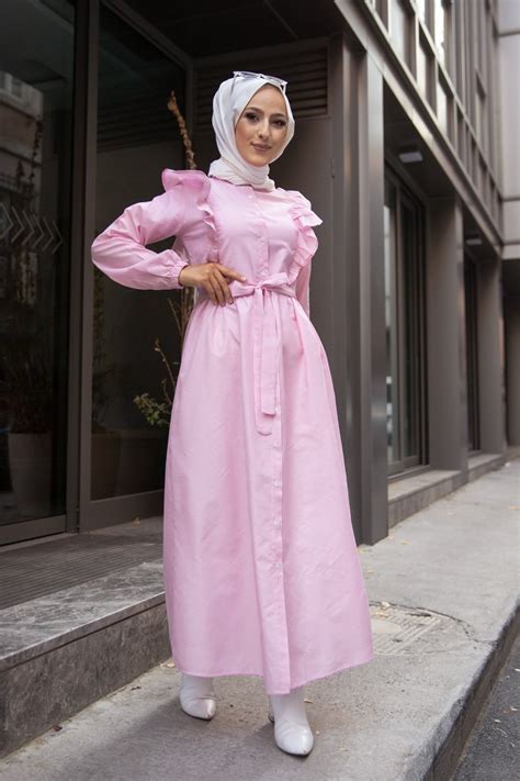 Robe Longue Type Chemise Boutonnée Avec Ceinture Vêtement Hijab Chic