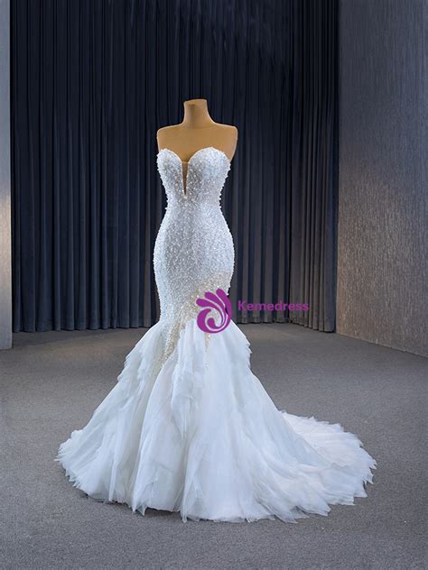 White Mermaid Sweetheart Sequins Pearls Wedding Dress