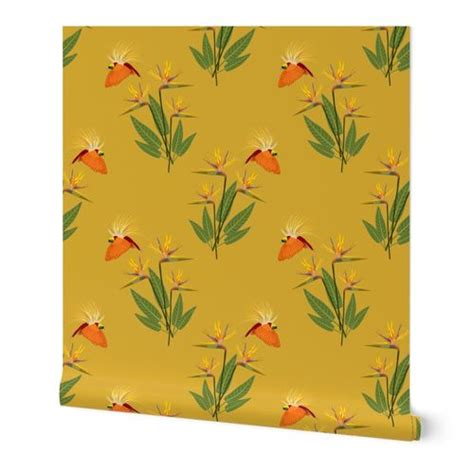 Birds of Paradise Ballet - antique gold, Wallpaper | Spoonflower