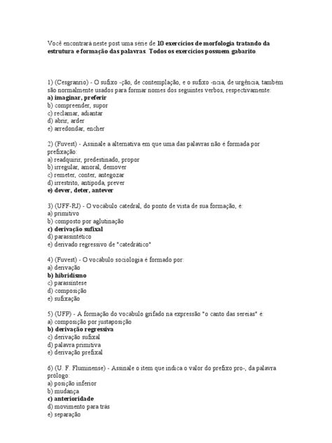 Exercicios Estrutura Do Verbo 7 Ano Com Gabarito Várias Estruturas