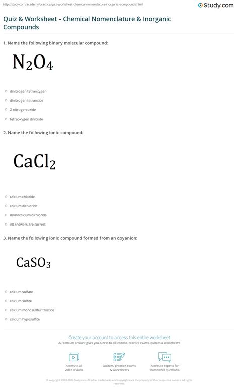 Quiz And Worksheet Chemical Nomenclature And Inorganic Compounds Worksheets Library