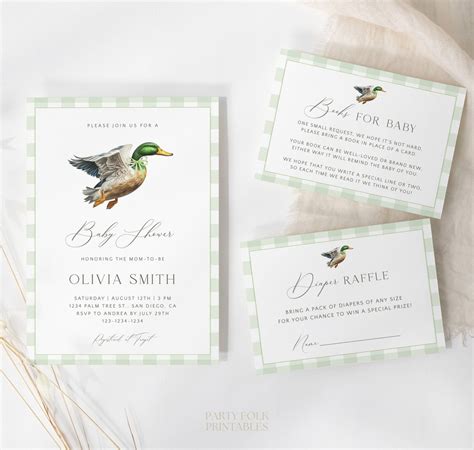 Editable Mallard Duck Baby Shower Invitation Set Template Green