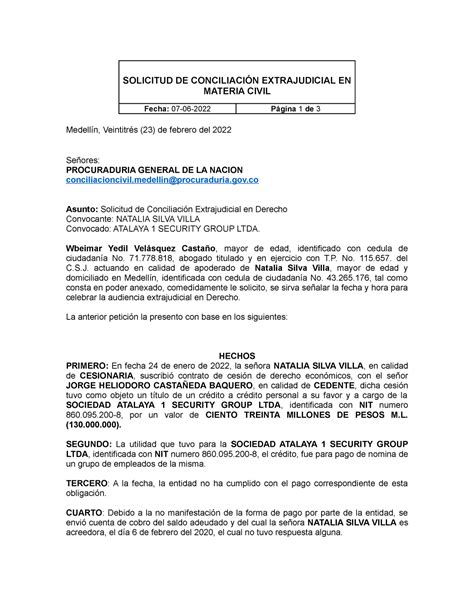 Solicitud DE Conciliacion SOLICITUD DE CONCILIACIÓN EXTRAJUDICIAL EN