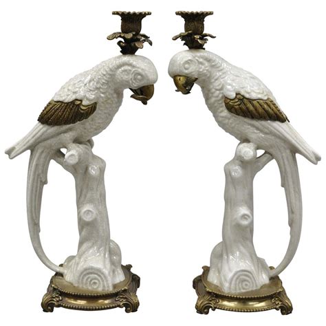 Pair Of Porcelain And Bronze French Style White Parrot Candlestick Candle Holders At 1stdibs