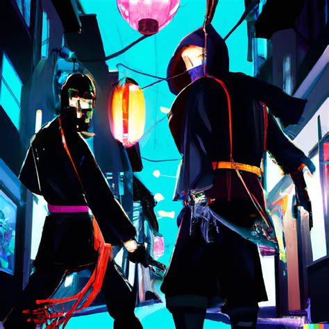 Ninja warrior with a samurai with wild clothes in a alley in Neo-Tokyo at night - 3 • VIARAMI