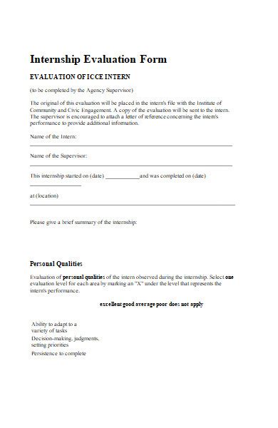 Free Internship Evaluation Form Samples Pdf Ms Word Google Docs