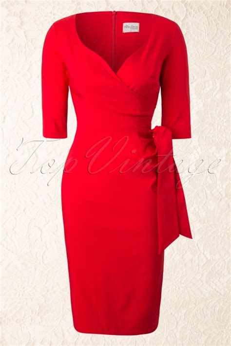 50s Hourglass Pencil Dress With 3 4 Sleeves In Red