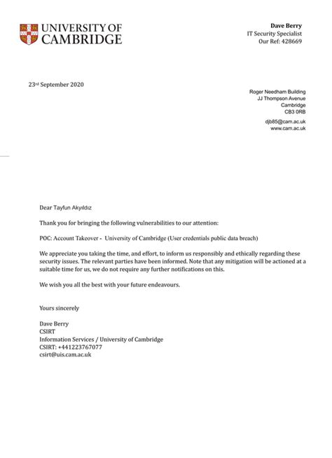 University Of Cambridge Letter Of Appreciation