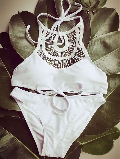 Off High Neck Openwork Bikini Set In White Zaful