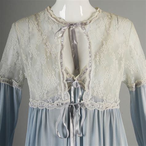 Small Vintage 1970s 70s Blue Boudoir Set Lingerie Nightgown Peignoir