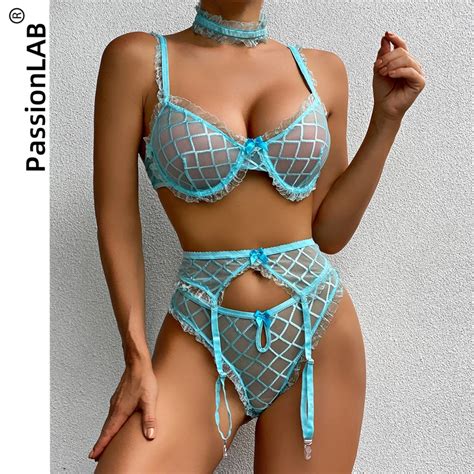 PassionLAB Blue Lace See Through Lingerie Sets For Women Luxury