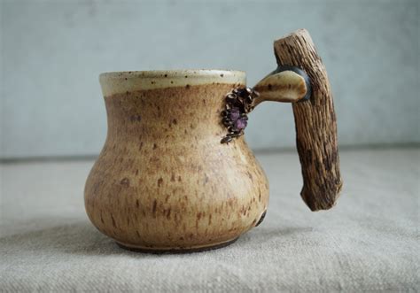 Ceramic Handmade Mug With Wooden Handle Rustic Pottery Amethyst