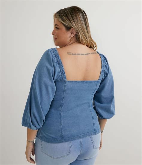 Blusa Manga Bufante Em Jeans Decote Quadrado Curve Plus Size Azul