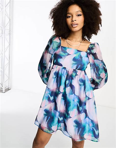 Glamorous Puff Sleeve Mini Smock Dress With Bow Back In Blue Floral