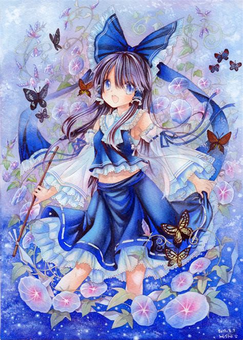 Safebooru 1girl Alternate Color Black Hair Blue Eyes Bow Butterfly Detached Sleeves Flower