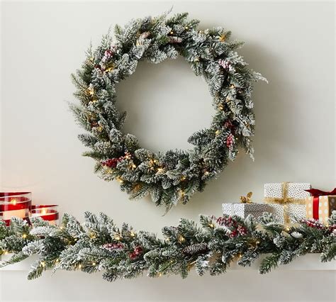 Lit Faux Frosted Pine And Berries Wreath And Garland Pottery Barn